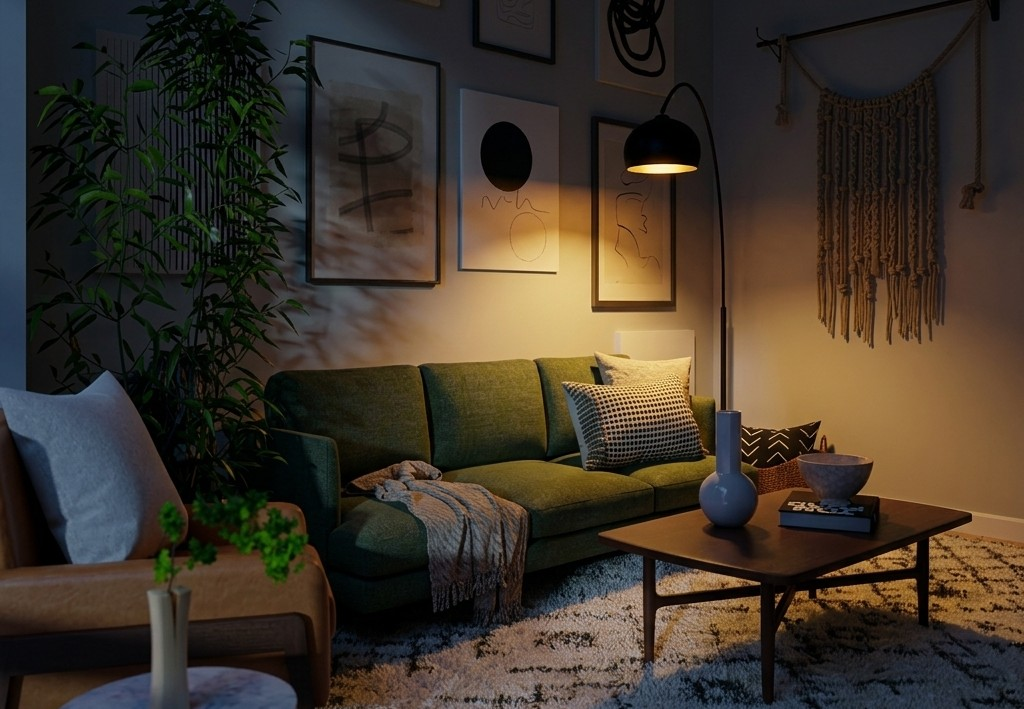 Sala de estar com sofá verde e mesa de centro de madeira