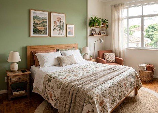 Quarto em tons neutros com cabeceira estofada e iluminação quente